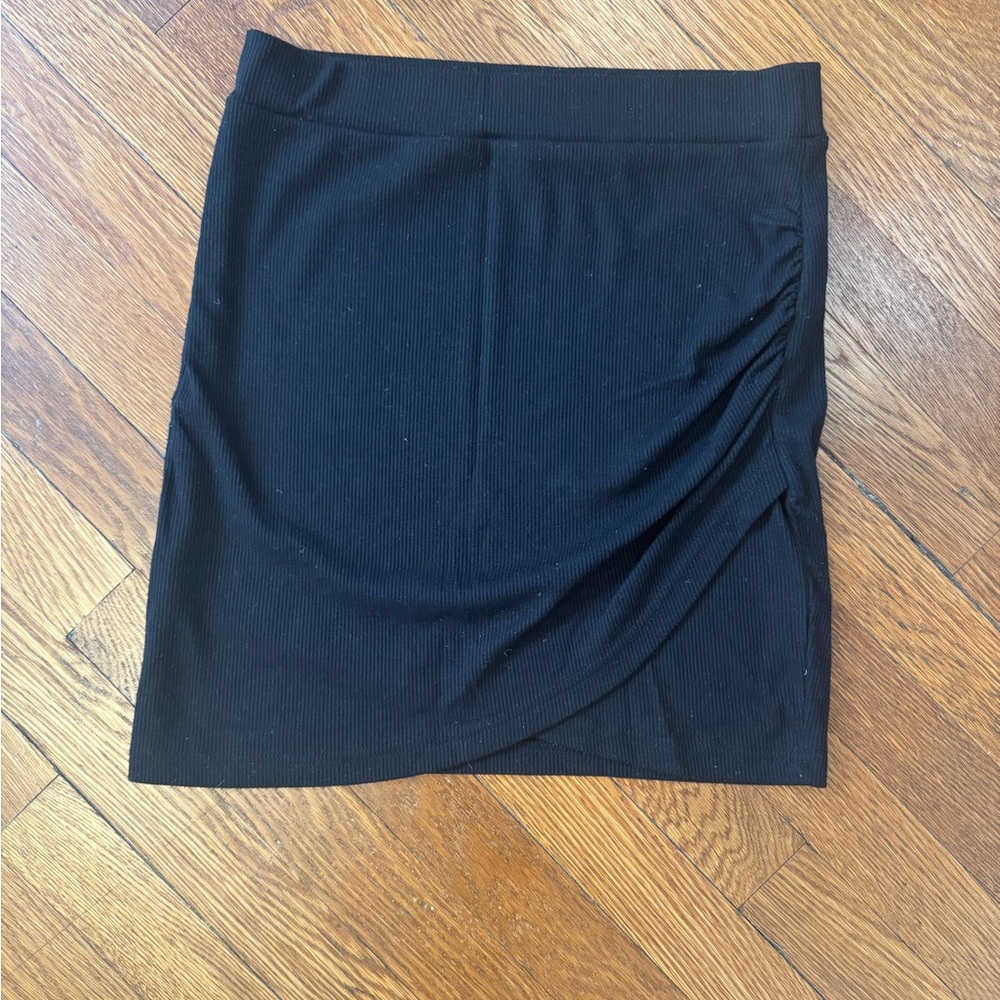Black Mini Ribbed Pencil Skirt with Ruched Wrap